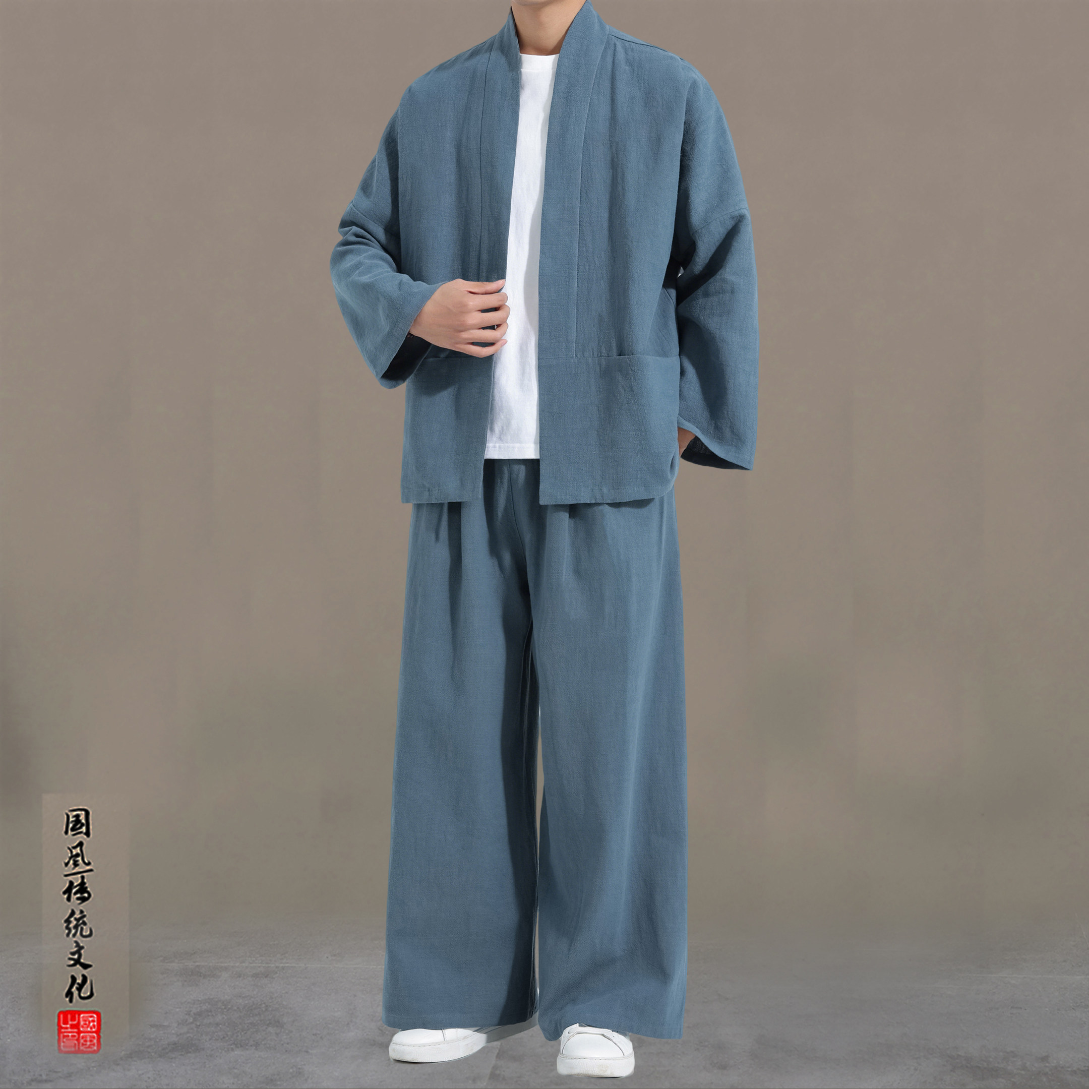 棉麻汉服男春改良唐装两件套茶艺师禅茶服中式居士服开衫外套上衣,男装,秀禾服,淘宝优惠券,粉丝福利购,淘宝优惠卷