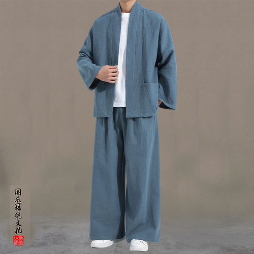 棉麻汉服男春改良唐装两件套茶艺师禅茶服中式居士服开衫外套上衣