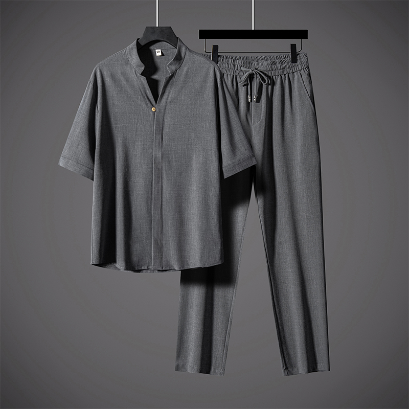 [轻奢级]高端货天丝亚麻休闲套装男中年夏季中国风大码短袖两件套