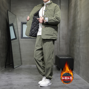 (一整套)冬装加棉加厚棉衣男装中国风中式灯芯绒唐装两件套棉袄