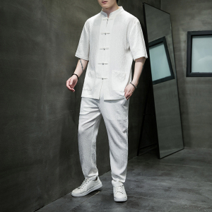 中国风成熟男装冰丝休闲运动套装唐装男款夏季轻薄透气时尚防晒衣