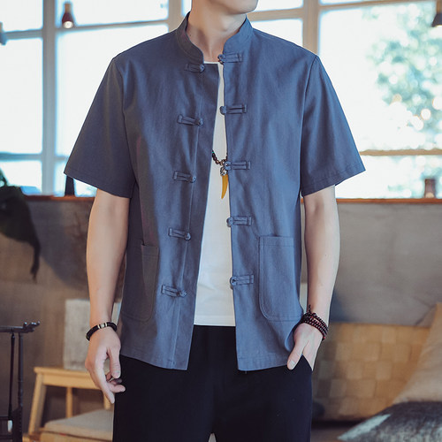 夏季中国风棉麻短袖衬衫男中式复古风盘扣亚麻料衬衣半袖外套上衣