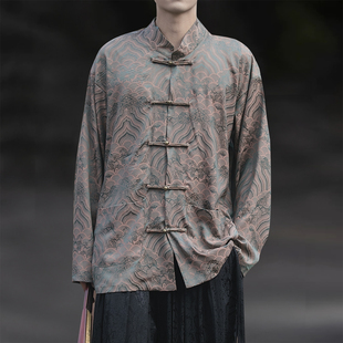 2025秋季新中式长袖衬衫男复古风绸缎衬衣中国风唐装男款高端中年