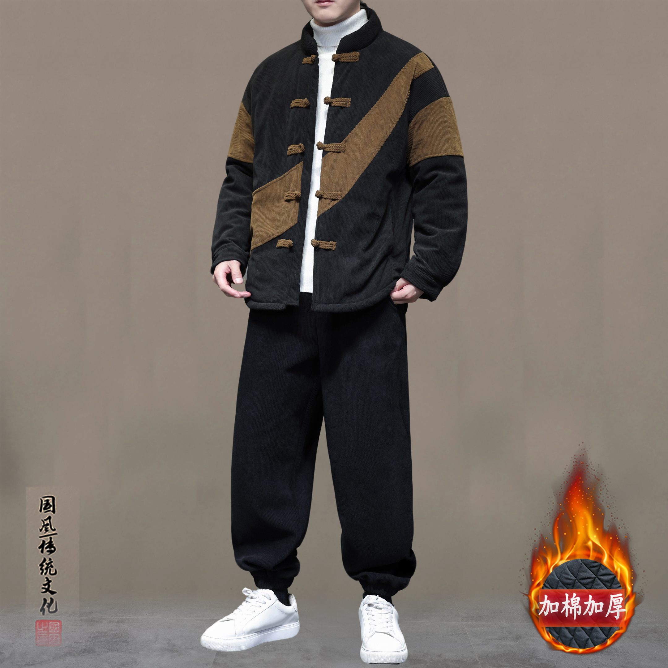 2025秋冬新款男士套装加棉加厚大码灯芯绒爸爸唐装棉袄中山装棉服