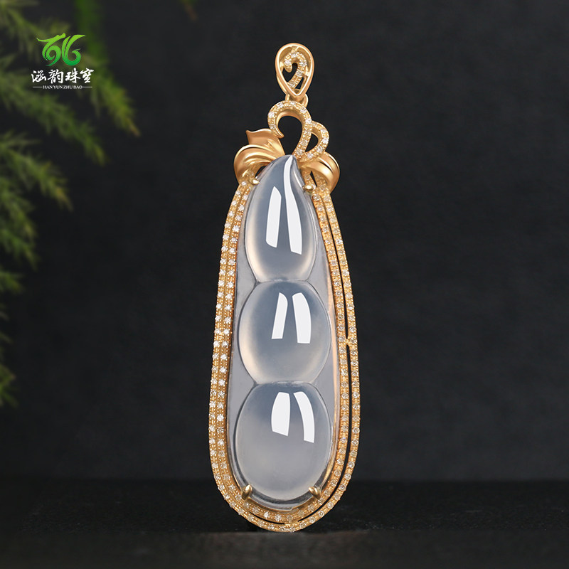 涵韵珠宝翡翠冰白四季豆金镶玉吊坠女款18K金钻石镶嵌玉石挂件