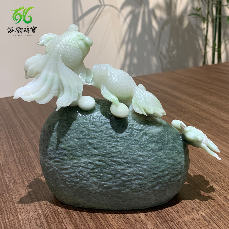 南阳独山玉石摆件金玉满堂如鱼得水中式摆件艺术品玄关客厅摆设