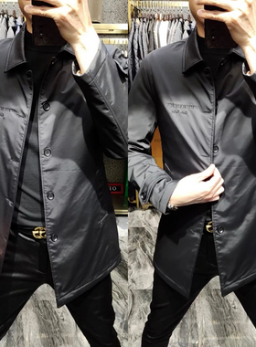 20987春季新款男中长款黑色风衣时尚翻领夹克男士春装休闲外套潮