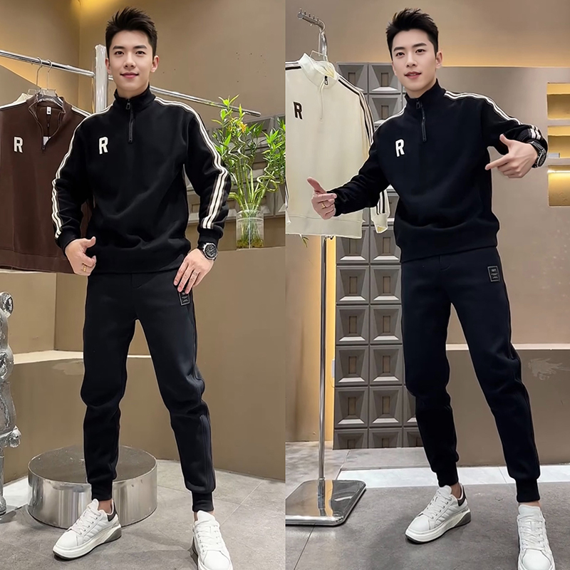 秋冬刺绣立领卫衣半拉链百搭男装