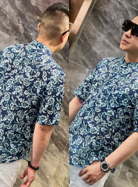 欧货夏季男式亚麻小衫短袖t恤男立领印花半袖上衣男薄料麻衫1003