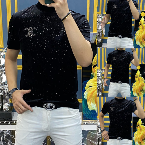 欧货秋季男士金丝绒修身弹力t恤