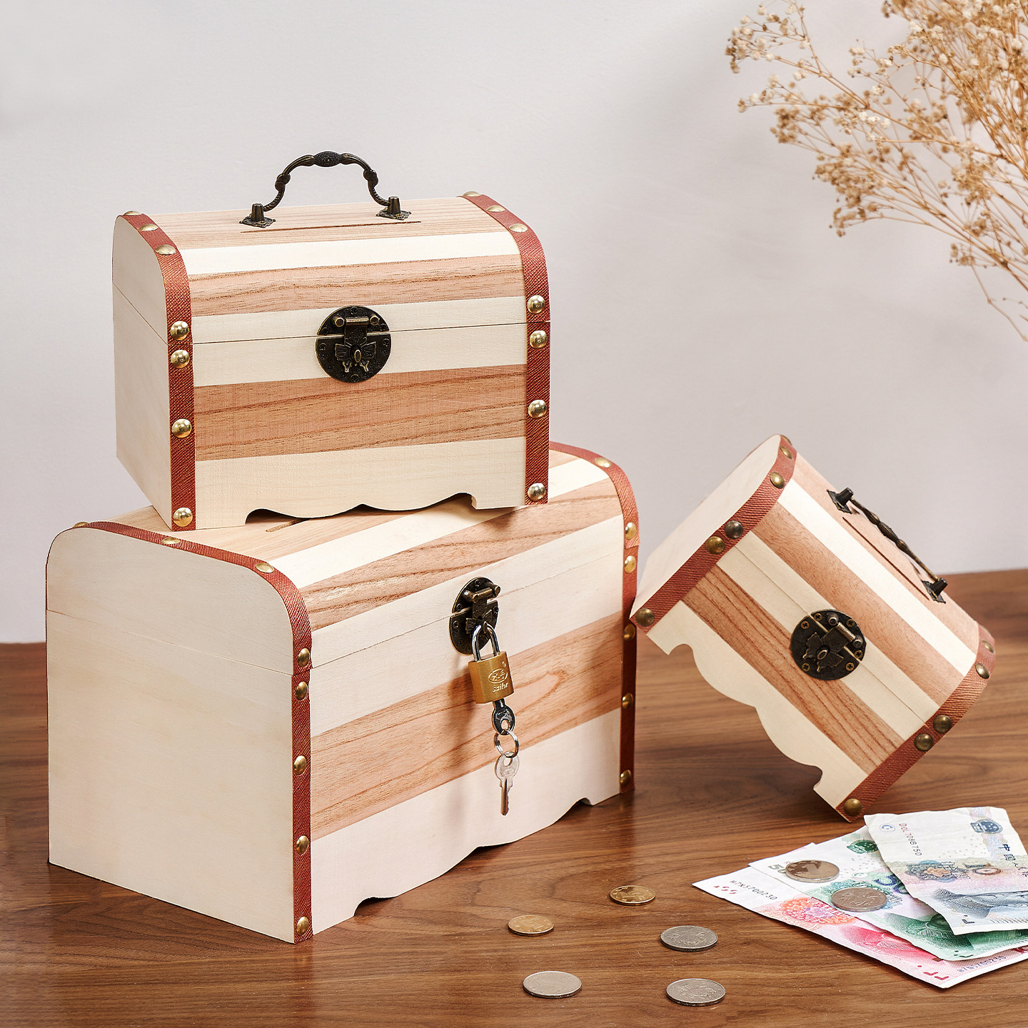 儿童存钱罐实木可取可存男孩只进不出储钱箱储蓄罐百宝箱成人创意