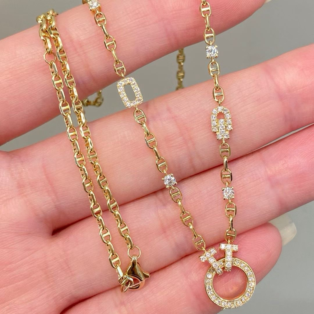 ZJ珠宝18k金猪鼻子马蹄扣项链60分钻石镶嵌万能扣时尚百搭锁骨链