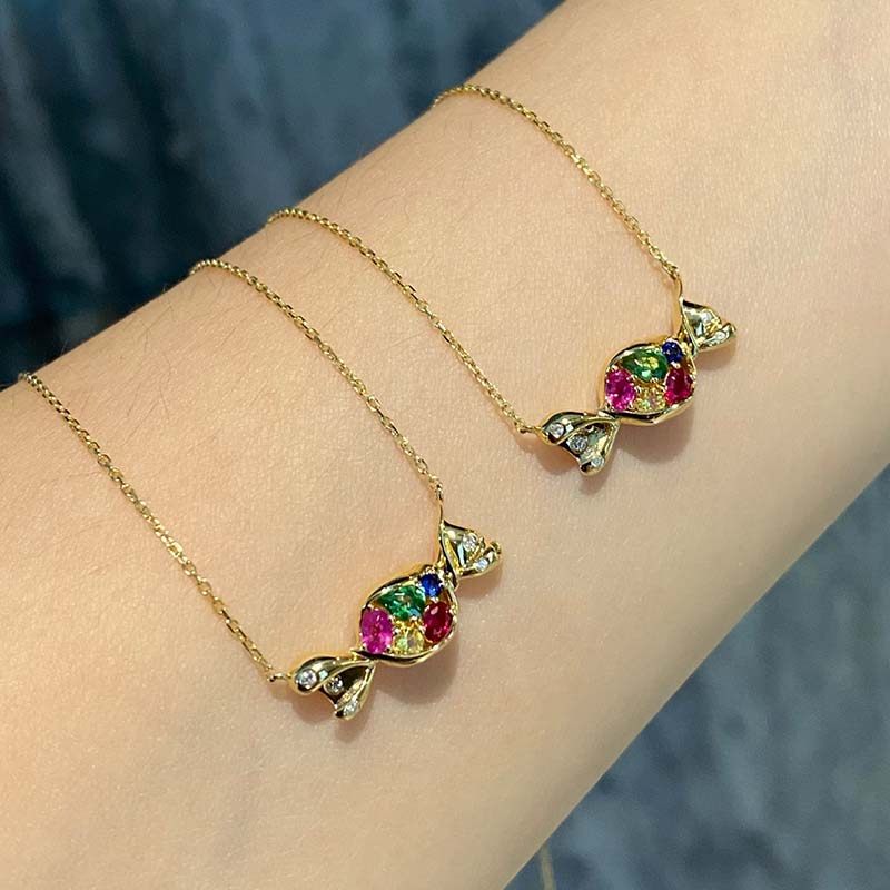 ZJ珠宝18k金多巴胺彩虹糖果项链天然彩色蓝宝石吊坠女项链锁骨链