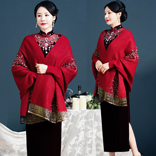 春秋冬红色婚宴旗袍披肩妈妈外搭喜婆婆洋气羊绒针织带袖斗篷外套