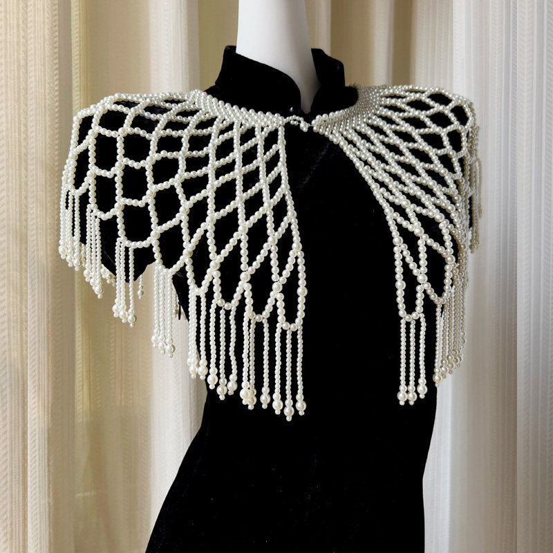 重工珍珠流苏云肩古风百搭神器手工串珠云肩明制汉服旗袍披肩外搭