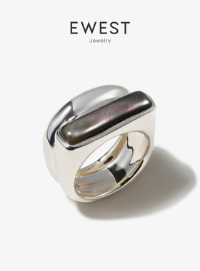 EWEST 新款黑蝶贝银戒指女925银设计方形食指戒中指戒小众尾戒