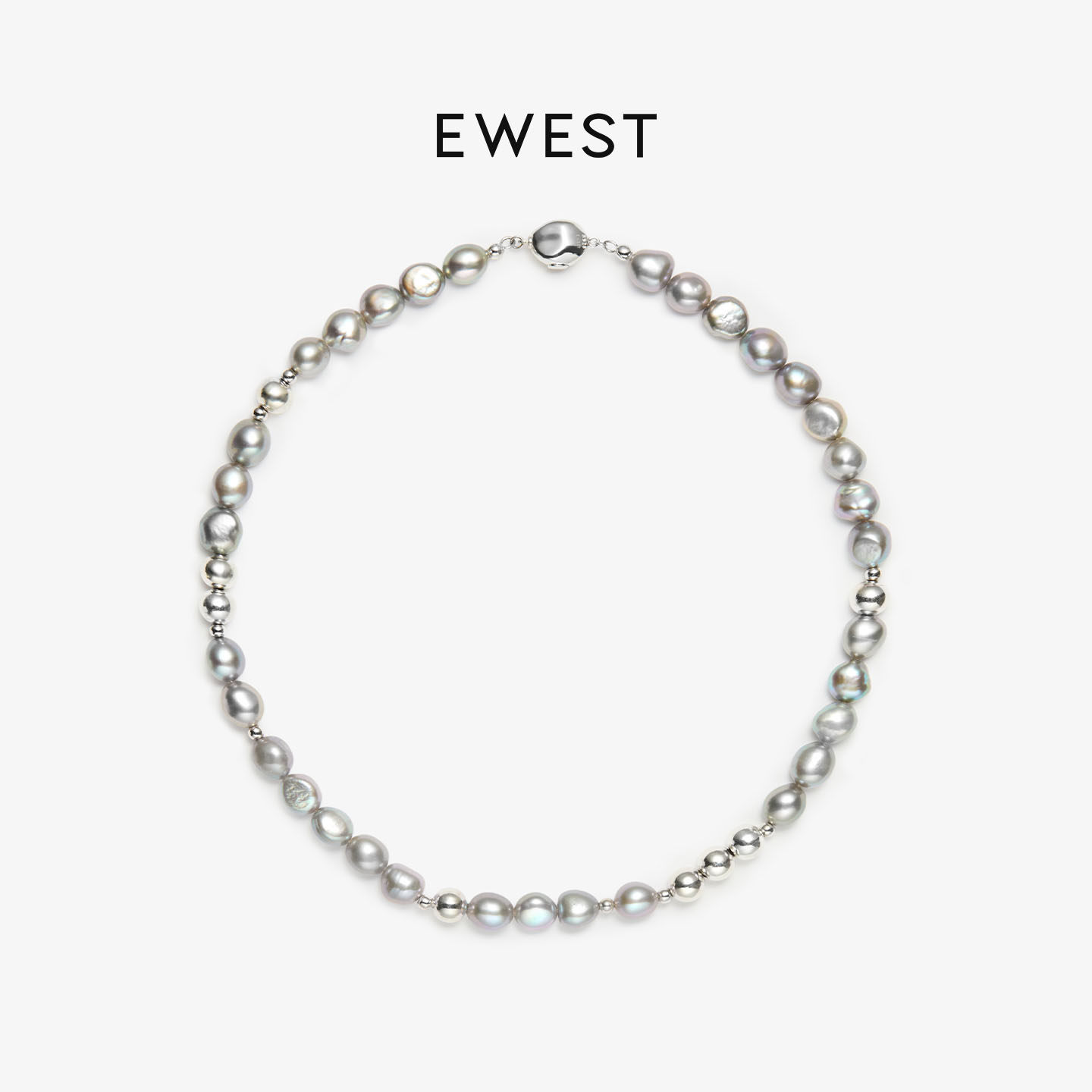 EWEST 新款异形灰色巴洛克珍珠串珠项链女高级银珠锁骨链轻奢颈链