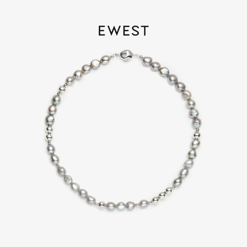 EWEST 新款异形灰色巴洛克珍珠串珠项链女高级银珠锁骨链轻奢颈链