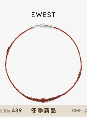 ewest 新款迷你南红玛瑙串珠项链女秋冬红色原创长款毛衣链项饰