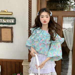 大码夏季胖妹妹mm宽松甜美减龄重工碎花荷叶边娃娃领泡泡袖衬衫女