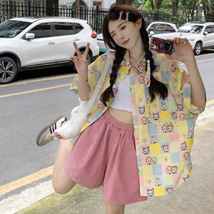 大码胖妹妹mm宽松夏季多巴胺设计感印花撞色短袖衬衫女阔腿短裤潮