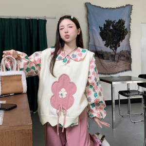 大码微胖妹妹mm秋季宽松甜美洋气碎花长袖衬衫女花朵马甲针织毛衣