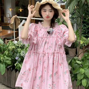 大码胖妹妹mm宽松夏季甜美重工拼接木耳边飞飞袖撞色短袖连衣裙女