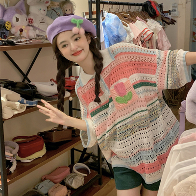 大码女装胖妹妹条纹薄款针织T恤