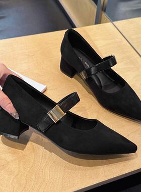 老牌子软磨砂皮带扣尖头春秋鞋2025春新款325001软底中跟女单鞋