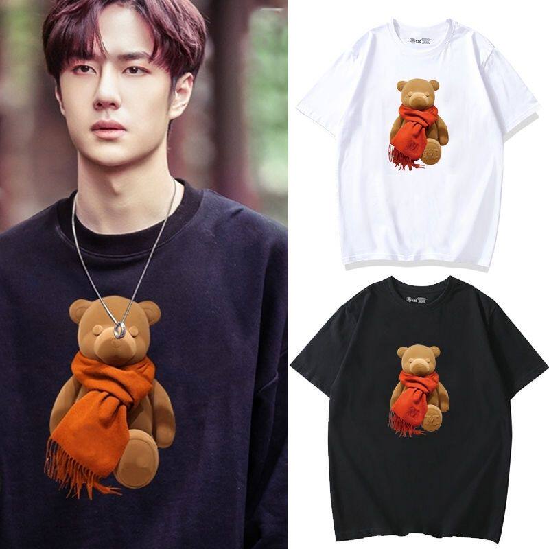 祺小熊短袖T恤男街舞3王一博肖战同款印花衣服宽松可爱情侣情侣装