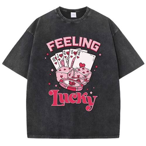 FEELING Lucky欧美潮牌扑克骰子印花短袖T恤男女同款宽松水洗黑