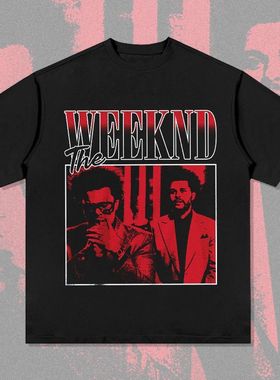 the weeknd盆栽印花短袖重磅黑色嘻哈宽松男女t恤水洗做旧vintage