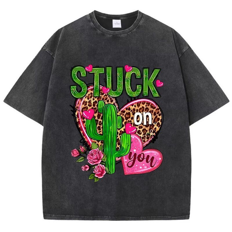 街头风STUCK洗水做旧爱心豹纹心形印花短袖T恤圆领棉夏季服装