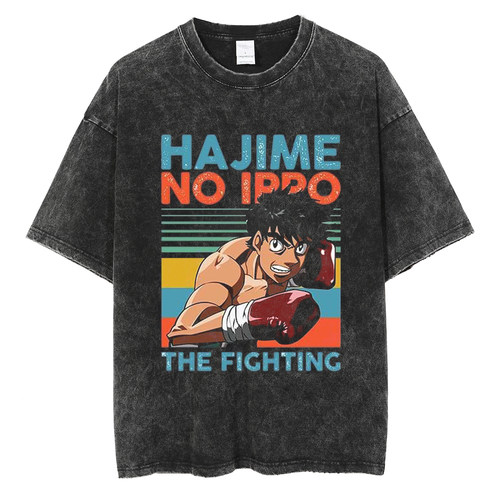 复古水洗做旧T恤男士Hajime No Ippo动漫原宿大码纯棉短袖街头潮