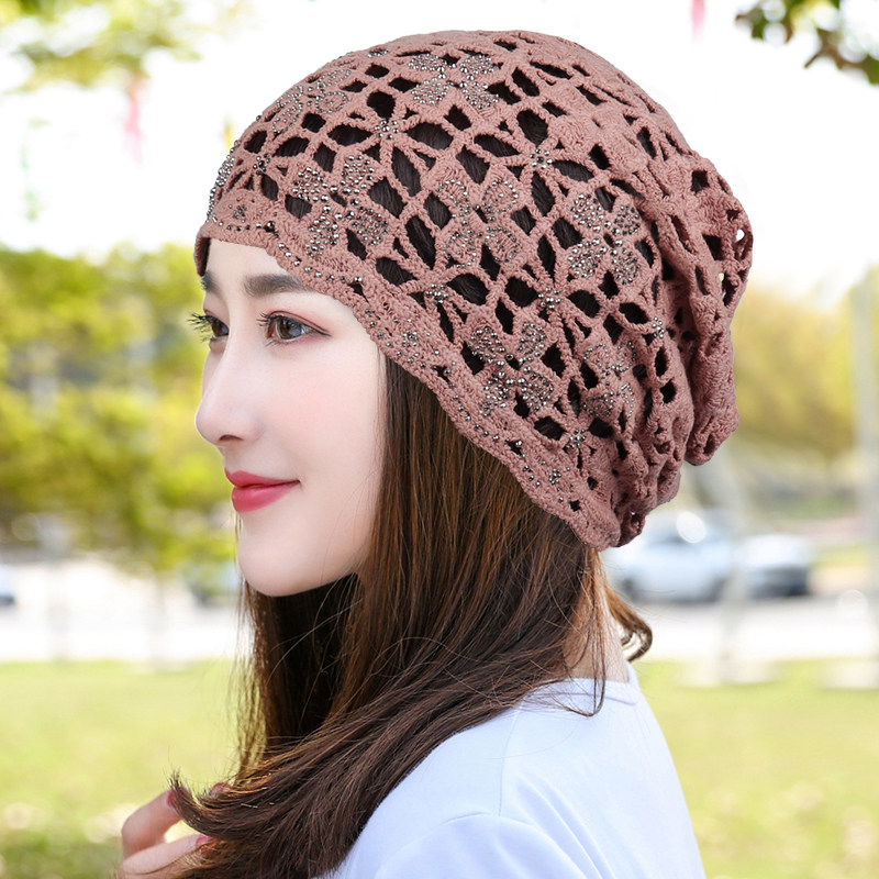 女士春秋韩版套头帽镂空花朵透气堆堆帽薄款包头帽单层网眼头巾帽