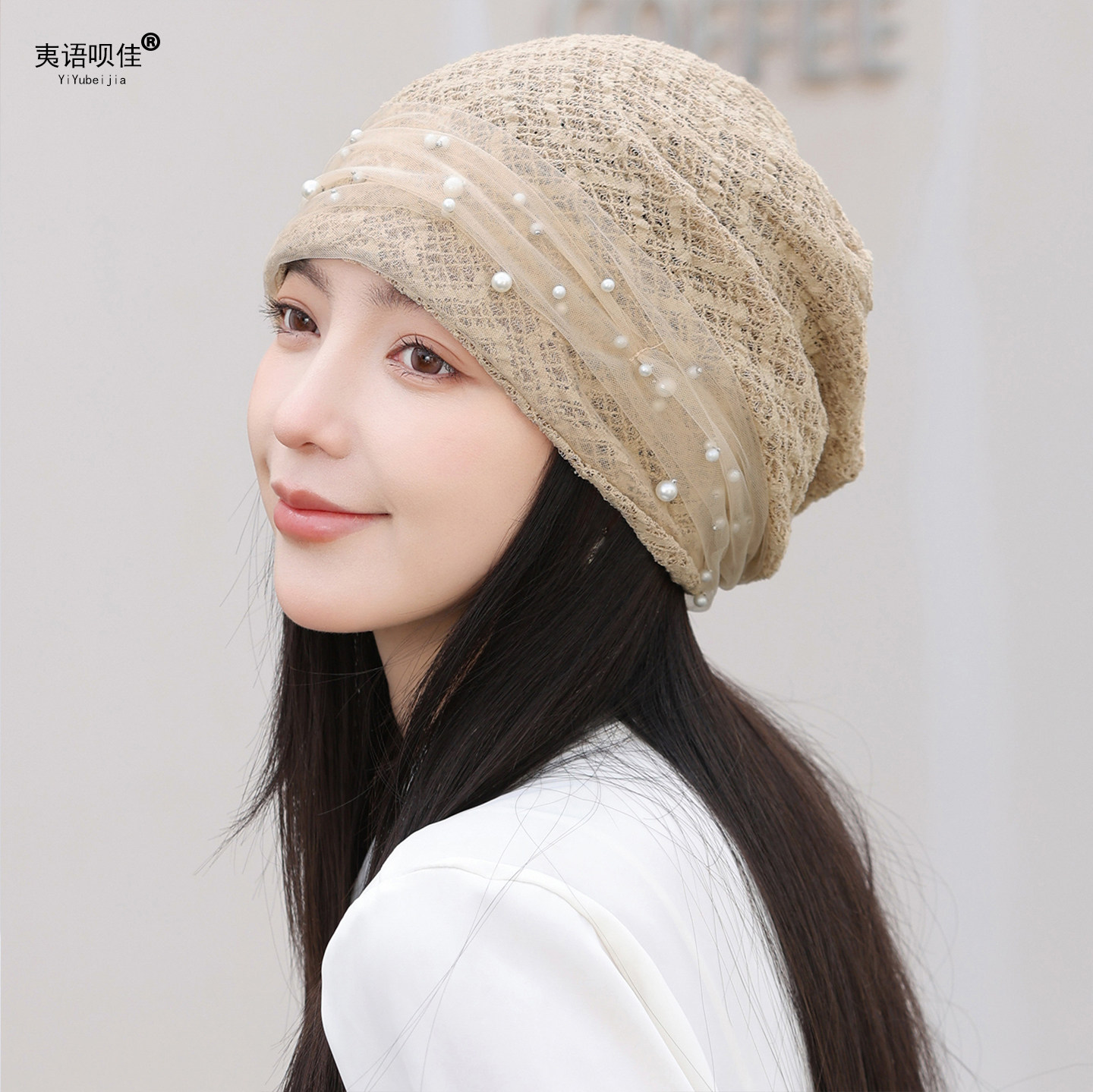 女士帽子薄款春夏秋韩版堆堆帽时尚蕾丝网纱套头帽休闲宽松包头帽