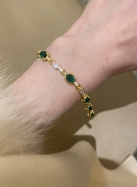 Vintage复古手链女祖母绿老钱风镶钻红刚玉高级感手饰鸽子蛋彩宝