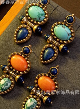 vintage天然云纹绿松石青金石复古耳钉宫廷风洋气高级感中古饰品