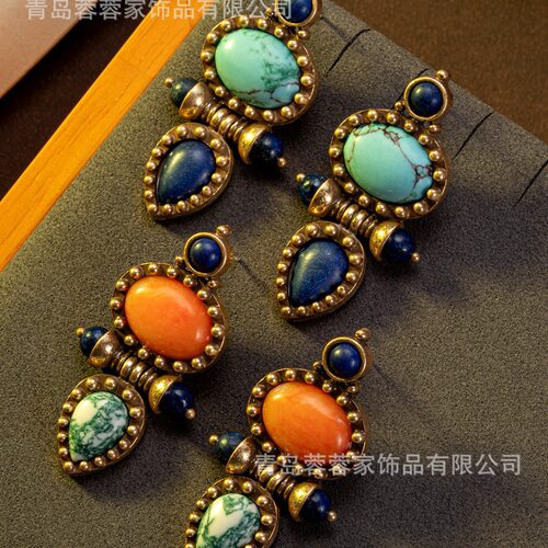 vintage天然云纹绿松石青金石复古耳钉宫廷风洋气高级感中古饰品