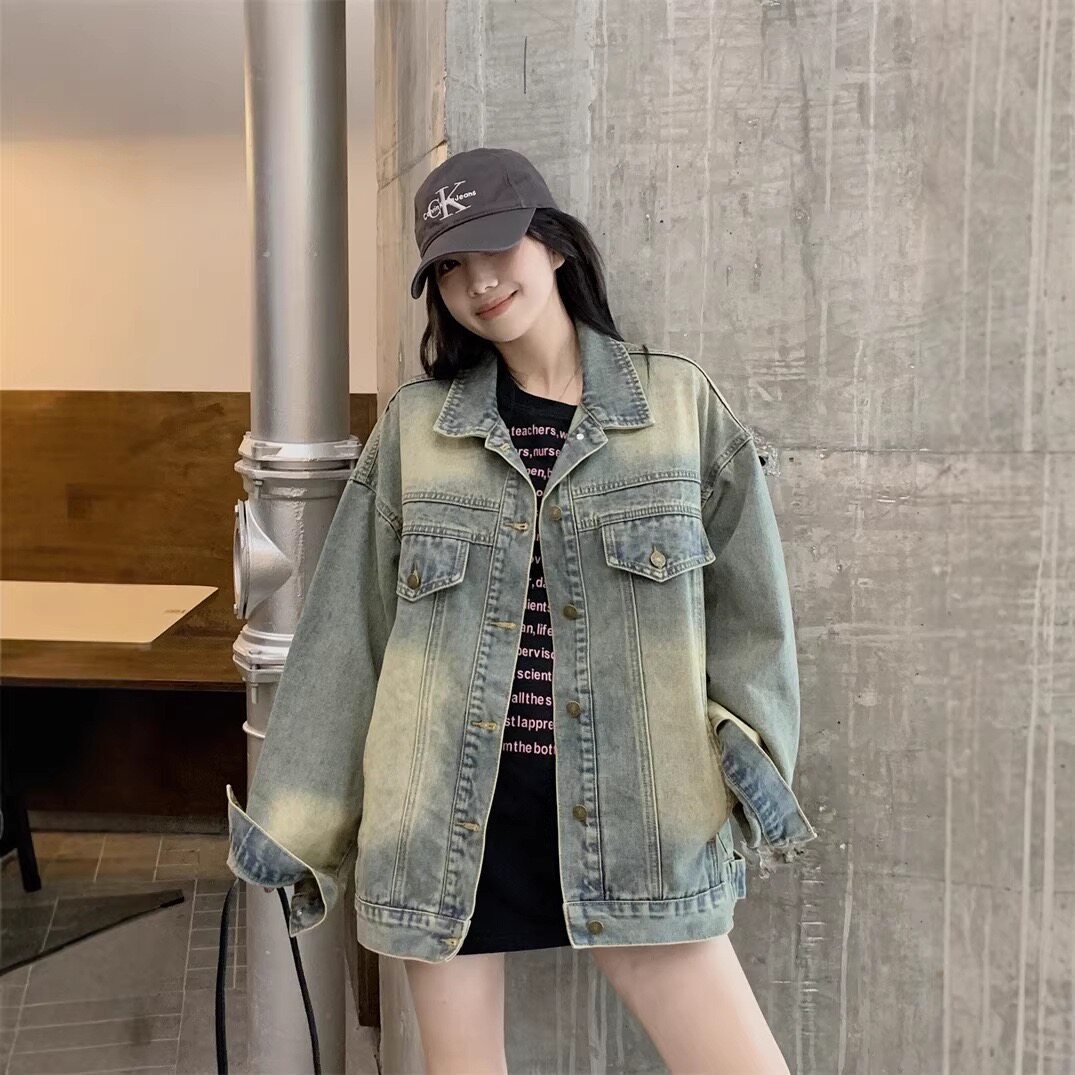 爱依轩美式复古水洗怀旧牛仔外套女春季新款oversize街头洋气上衣