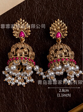 中古vintage异域民族风大象珍珠流苏独特耳钉宫廷风复古耳饰高级