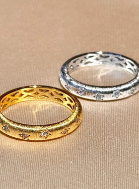 Vintage中古风轻奢拉丝镶钻满天星戒指星星闪烁时尚叠戴精致指环