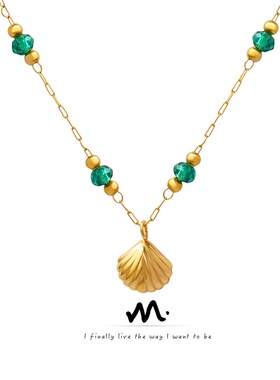 韩系百搭潮流网红同款ins风玲珑水晶珠扇贝吊坠项链不锈钢镀18K金