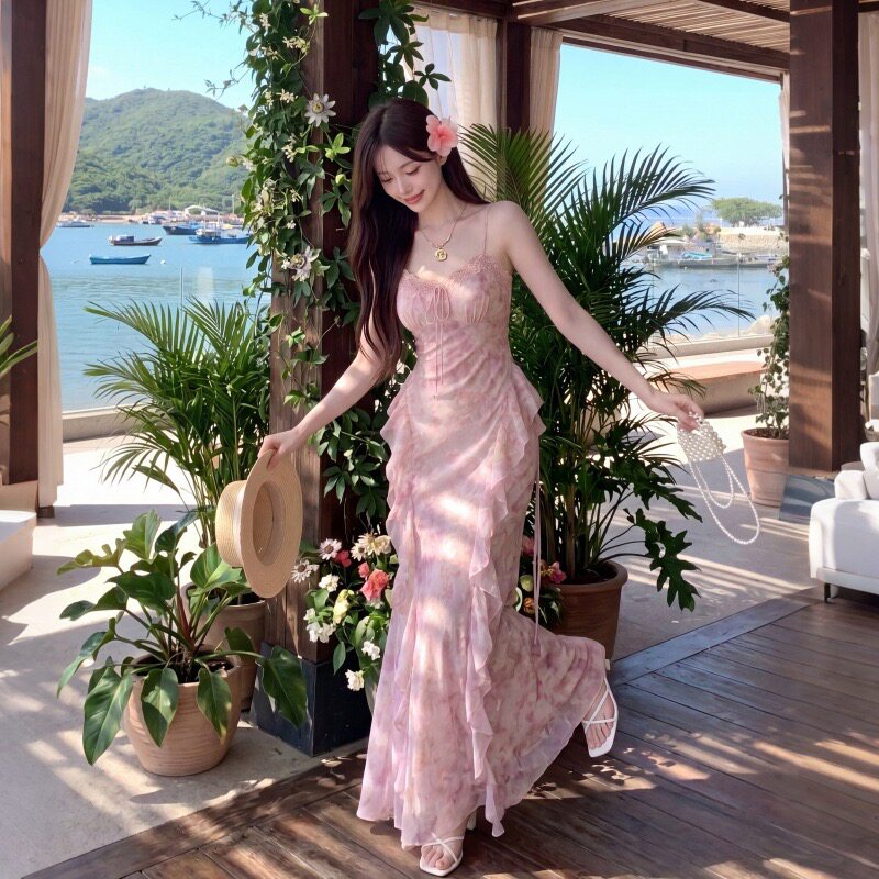 爱依轩 法式油画晕染碎花吊带裙 人鱼公主鱼尾裙荷叶边度假连衣裙