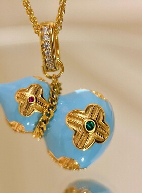 复古新中式国风蓝色滴釉珐琅四叶花葫芦吊坠项链时尚精致感锁骨链