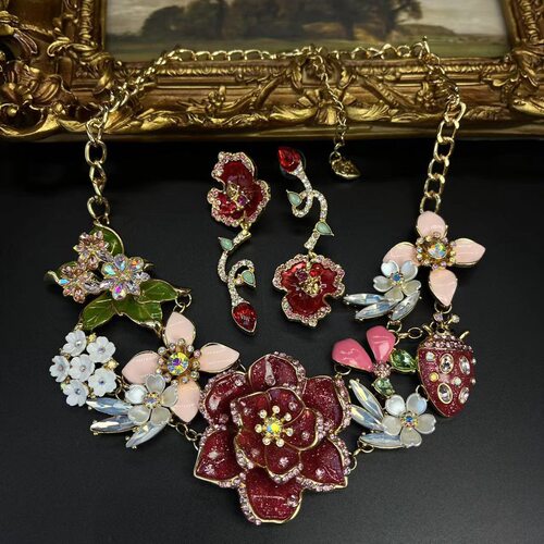 vintage中古BJ项链大合集滴釉大红花 蜜蜂蜂巢镶钻项链甜美随机