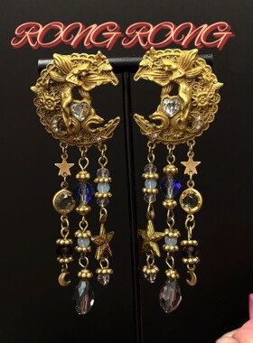 中古款高品质KF重工精致金色月亮天使流苏耳钉手工珐琅古董耳饰
