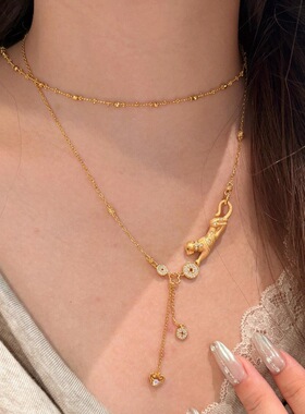 法式复古新中式拉丝镶钻金钱豹项链高级感精工中古吊坠精致锁骨链