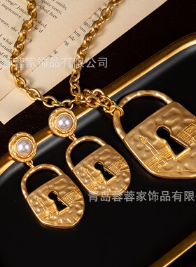 中古艺术款复古金色锁扣夏帕新款饰品高货vintage重工项链耳饰