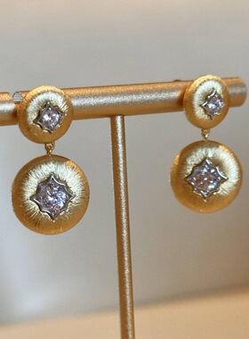 复古轻奢意大利布契风高级感圆形拉丝星芒镶钻耳钉精致中古耳饰品